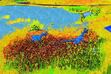 Dinozorlar Parkı. Doğanın arka planında bir dinozor. Lunaparktaki oyuncak dinozorlar..