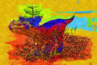 Dinozorlar Parkı. Doğanın arka planında bir dinozor. Lunaparktaki oyuncak dinozorlar..