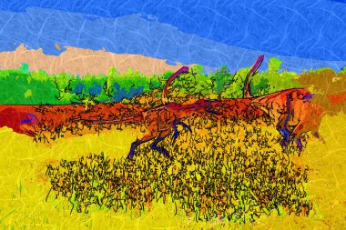 Dinozorlar Parkı. Doğanın arka planında bir dinozor. Lunaparktaki oyuncak dinozorlar..