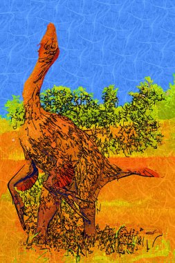 Dinozorlar Parkı. Doğanın arka planında bir dinozor. Lunaparktaki oyuncak dinozorlar..