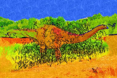 Dinozorlar Parkı. Doğanın arka planında bir dinozor. Lunaparktaki oyuncak dinozorlar..