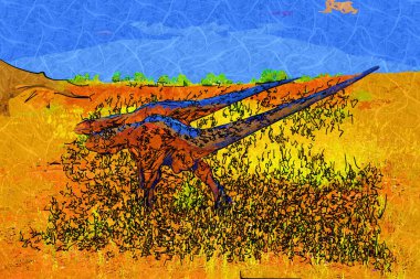 Dinozorlar Parkı. Doğanın arka planında bir dinozor. Lunaparktaki oyuncak dinozorlar..