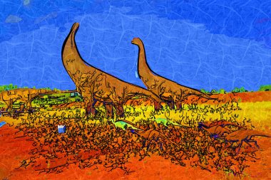 Dinozorlar Parkı. Doğanın arka planında bir dinozor. Lunaparktaki oyuncak dinozorlar..