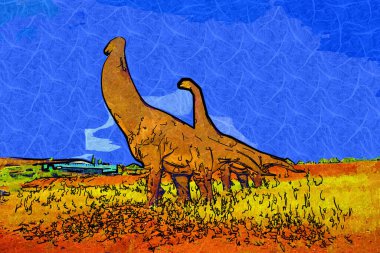 Dinozorlar Parkı. Doğanın arka planında bir dinozor. Lunaparktaki oyuncak dinozorlar..