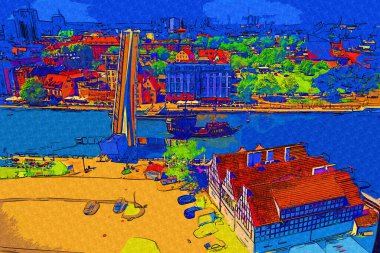 Akşama kadar Gdansk 'taki eski kasabanın hava manzarası