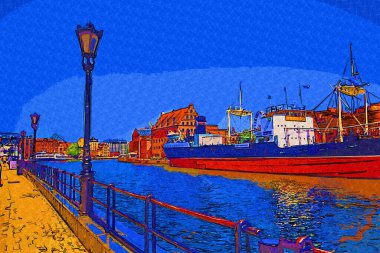 Gdansk tekneleri Motlawa 'ya ev sahipliği yapıyor. Eski model antika.