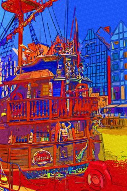 Gdansk tekneleri Motlawa 'ya ev sahipliği yapıyor. Eski model antika.