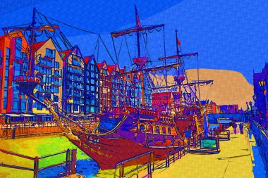 Gdansk tekneleri Motlawa 'ya ev sahipliği yapıyor. Eski model antika.