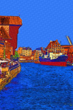 Güneş doğarken Motlawa nehrinin üzerinde güzel eski bir kasabayla Gdansk, Polonya