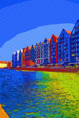 Güneş doğarken Motlawa nehrinin üzerinde güzel eski bir kasabayla Gdansk, Polonya