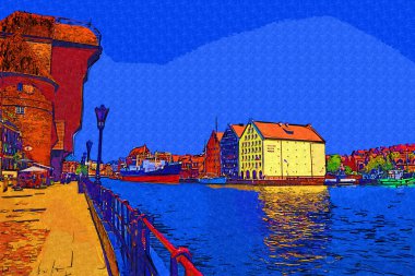 Güneş doğarken Motlawa nehrinin üzerinde güzel eski bir kasabayla Gdansk, Polonya