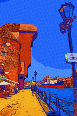 Güneş doğarken Motlawa nehrinin üzerinde güzel eski bir kasabayla Gdansk, Polonya