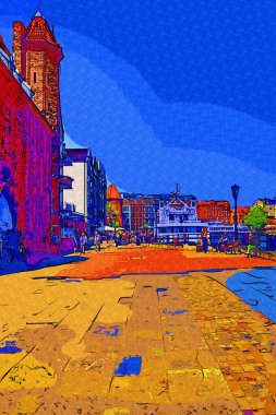 Güneş doğarken Motlawa nehrinin üzerinde güzel eski bir kasabayla Gdansk, Polonya