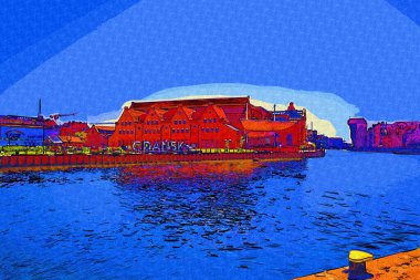 Güneş doğarken Motlawa nehrinin üzerinde güzel eski bir kasabayla Gdansk, Polonya