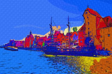 Güneş doğarken Motlawa nehrinin üzerinde güzel eski bir kasabayla Gdansk, Polonya