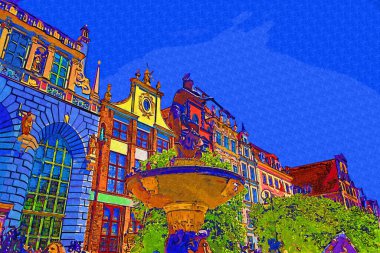 Polonya, Gdansk, gün batımında ünlü Neptün çeşmesi. Avrupa 'da popüler turizm ve seyahat merkezi