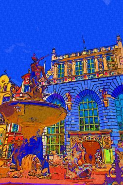 Polonya, Gdansk, gün batımında ünlü Neptün çeşmesi. Avrupa 'da popüler turizm ve seyahat merkezi