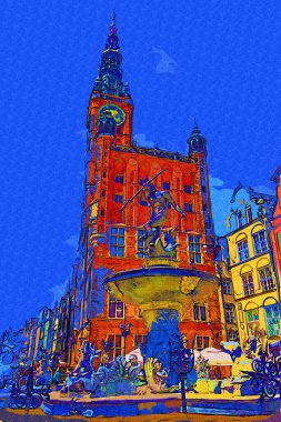 Polonya, Gdansk, gün batımında ünlü Neptün çeşmesi. Avrupa 'da popüler turizm ve seyahat merkezi