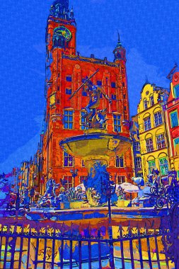 Polonya, Gdansk, gün batımında ünlü Neptün çeşmesi. Avrupa 'da popüler turizm ve seyahat merkezi