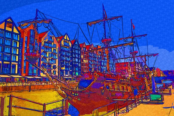 Gdansk tekneleri Motlawa 'ya ev sahipliği yapıyor. Eski model antika.