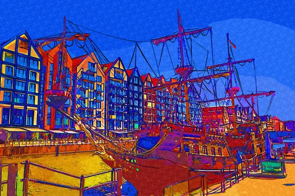 Gdansk tekneleri Motlawa 'ya ev sahipliği yapıyor. Eski model antika.