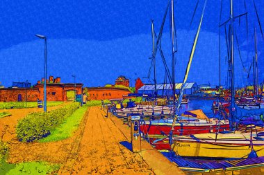 Yelkenli tekneleri Kolobrzeg 'deki marinaya demirlemiş.