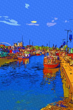 Yelkenli tekneleri Kolobrzeg 'deki marinaya demirlemiş.