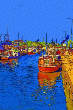 Yelkenli tekneleri Kolobrzeg 'deki marinaya demirlemiş.