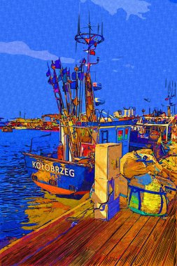 Yelkenli tekneleri Kolobrzeg 'deki marinaya demirlemiş.