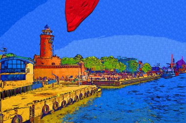 El çizimi suluboya deniz feneri illüstrasyon sanat klasiği çizimi