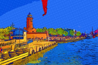 El çizimi suluboya deniz feneri illüstrasyon sanat klasiği çizimi