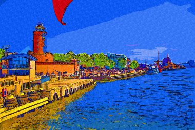 El çizimi suluboya deniz feneri illüstrasyon sanat klasiği çizimi