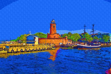 El çizimi suluboya deniz feneri illüstrasyon sanat klasiği çizimi