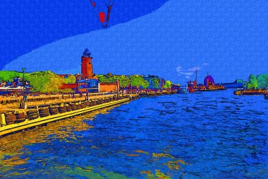 El çizimi suluboya deniz feneri illüstrasyon sanat klasiği çizimi