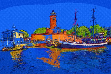 El çizimi suluboya deniz feneri illüstrasyon sanat klasiği çizimi