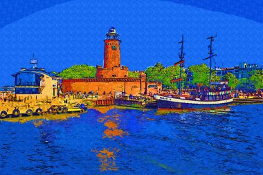 El çizimi suluboya deniz feneri illüstrasyon sanat klasiği çizimi