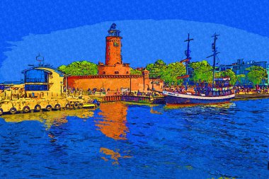 El çizimi suluboya deniz feneri illüstrasyon sanat klasiği çizimi