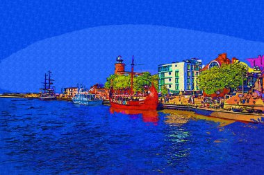 El çizimi suluboya deniz feneri illüstrasyon sanat klasiği çizimi