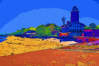 El çizimi suluboya deniz feneri illüstrasyon sanat klasiği çizimi