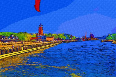 Kolobrzeg yelkenli tekneleri rıhtıma, liman sanat illüstrasyonunun antika eskilerine yerleştirildi.