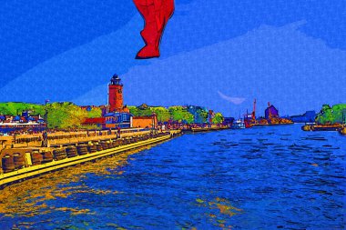 Kolobrzeg yelkenli tekneleri rıhtıma, liman sanat illüstrasyonunun antika eskilerine yerleştirildi.