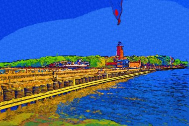 Kolobrzeg yelkenli tekneleri rıhtıma, liman sanat illüstrasyonunun antika eskilerine yerleştirildi.