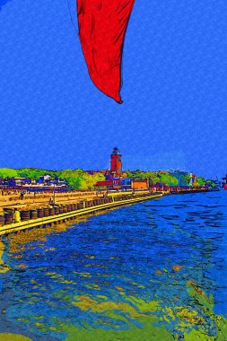 Kolobrzeg yelkenli tekneleri rıhtıma, liman sanat illüstrasyonunun antika eskilerine yerleştirildi.