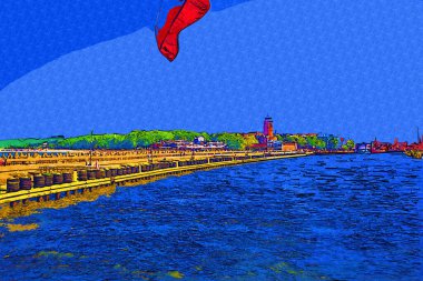 Kolobrzeg yelkenli tekneleri rıhtıma, liman sanat illüstrasyonunun antika eskilerine yerleştirildi.