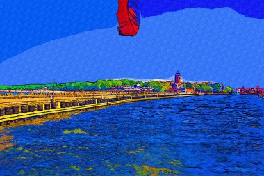 Kolobrzeg yelkenli tekneleri rıhtıma, liman sanat illüstrasyonunun antika eskilerine yerleştirildi.