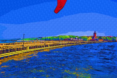 Kolobrzeg yelkenli tekneleri rıhtıma, liman sanat illüstrasyonunun antika eskilerine yerleştirildi.