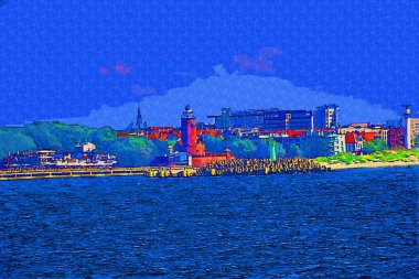 Kolobrzeg yelkenli tekneleri rıhtıma, liman sanat illüstrasyonunun antika eskilerine yerleştirildi.