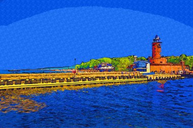 Kolobrzeg yelkenli tekneleri rıhtıma, liman sanat illüstrasyonunun antika eskilerine yerleştirildi.