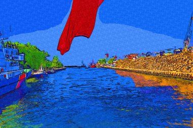 Kolobrzeg yelkenli tekneleri rıhtıma, liman sanat illüstrasyonunun antika eskilerine yerleştirildi.