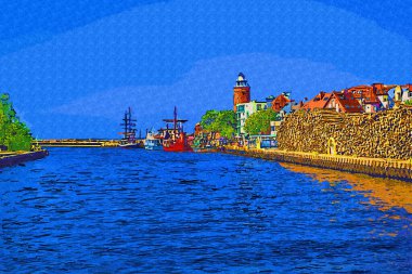 Kolobrzeg yelkenli tekneleri rıhtıma, liman sanat illüstrasyonunun antika eskilerine yerleştirildi.